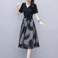 Spring Summer Women's Mesh Dress Fake Two Pieces Black Stitching Mid-length Dress Large Size Casual All-match V-neck