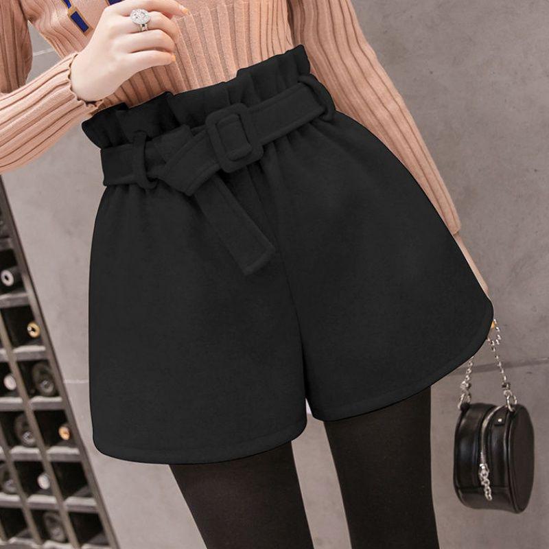 Women Wool Shorts High Waist Wide Leg Shorts Ladies Elegant Woolen Shorts
