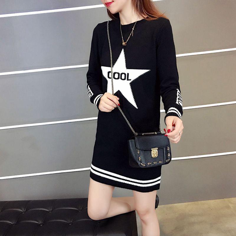 Autumn and Winter Mid-length Dress Long Sleeve Slim Round Neck Sweater