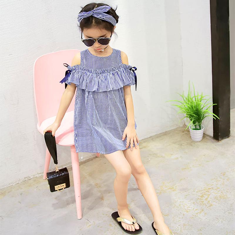 Summer Toddler Kids Baby Girls Lovely Clothes Blue Striped Off-shoulder Ruffles Party Gown Formal Dresse