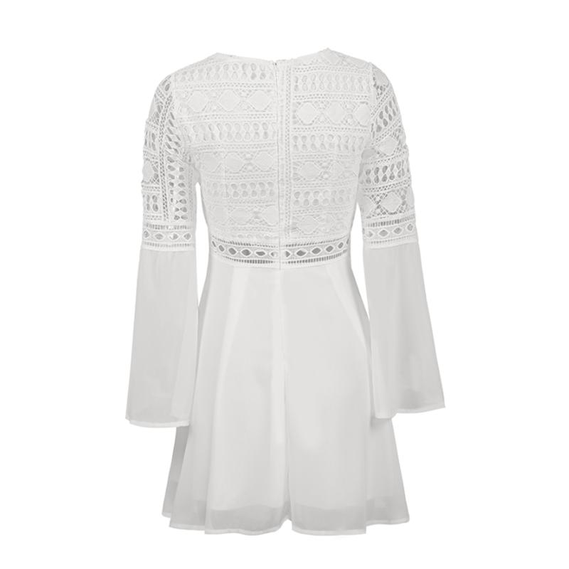 Sexy Women's Dress V-Neck Hollow Out Long Sleeve Mini Chiffon Dress Above Knee Elegant Boho Dress Casual Lace Vestido
