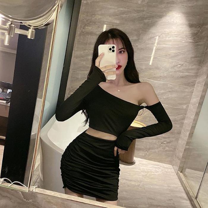 WTEMPOWomen Sexy Sheath Asymmetrical Strapless Sling Dress Tight-fitting Base Skirt Inside Hip Skirt Long Sleeve Nightclub Bar Dress