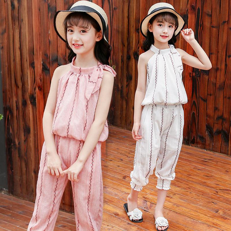 Girls' Suit Summer Thin Korean Vertical Stripe Printing Two Piece Set Bow Top Capris Casual Wear Breathable