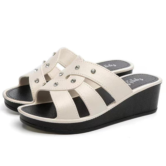 Ladies High Heel Slippers Summer Thick Bottom Home Outdoor Non-slip Slippers Women Summer Shoes Soft Bottom Wedge Heel Rhinestone Sandals
