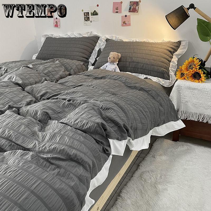 Princess Style Washed Cotton Seersucker Four-piece Solid Color Bedding Quilt Cover Sheet Four Seasons Universal