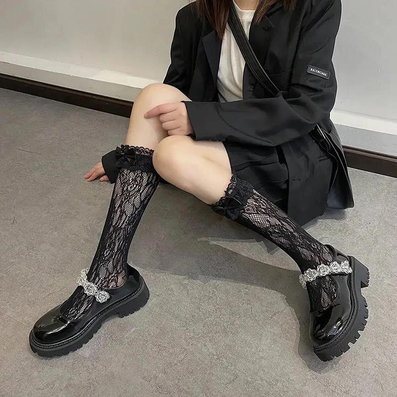 Leather Shoes Women British Style Japanese Black Ice Flower Crystal Thick Bottom Mary Jane Shoes Doll Single Shoes Women's Loafers