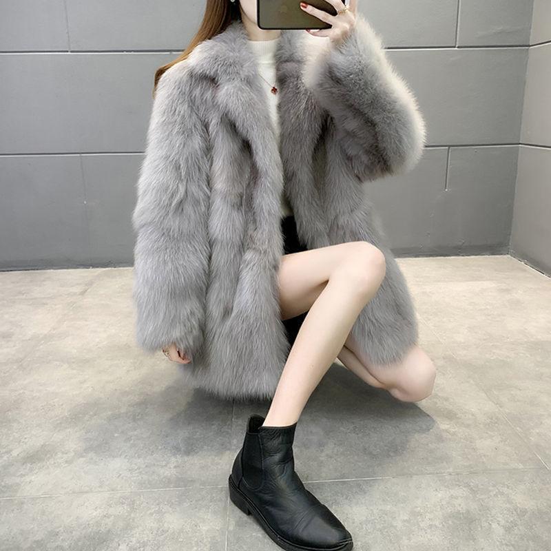 Winter Women's Coat with Imitation Fox Fur Haining Mid-length Fur Coat
