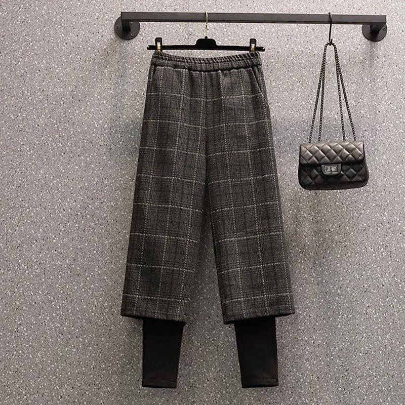 Plus Size Autumn and Winter Fat Sister 200 Kg High Waist Straight Loose Fake Two-piece Woolen Plaid Pants Fake Two-piece Leggings