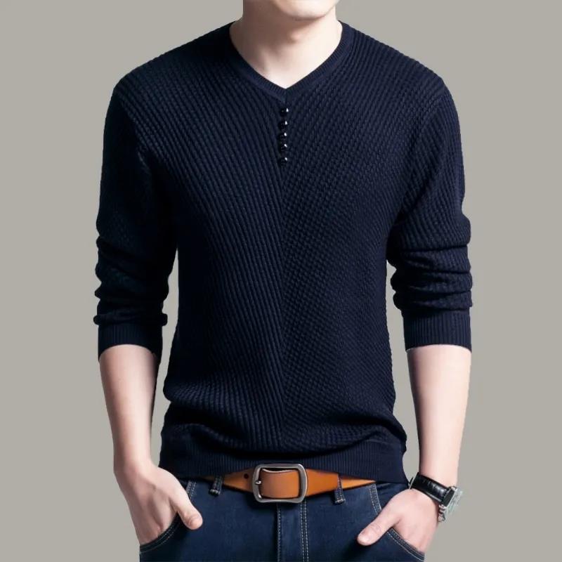 Men's Long-sleeved Plus Size Winter Warm and Comfortable V-neck Shirt Solid Color Base Sweater