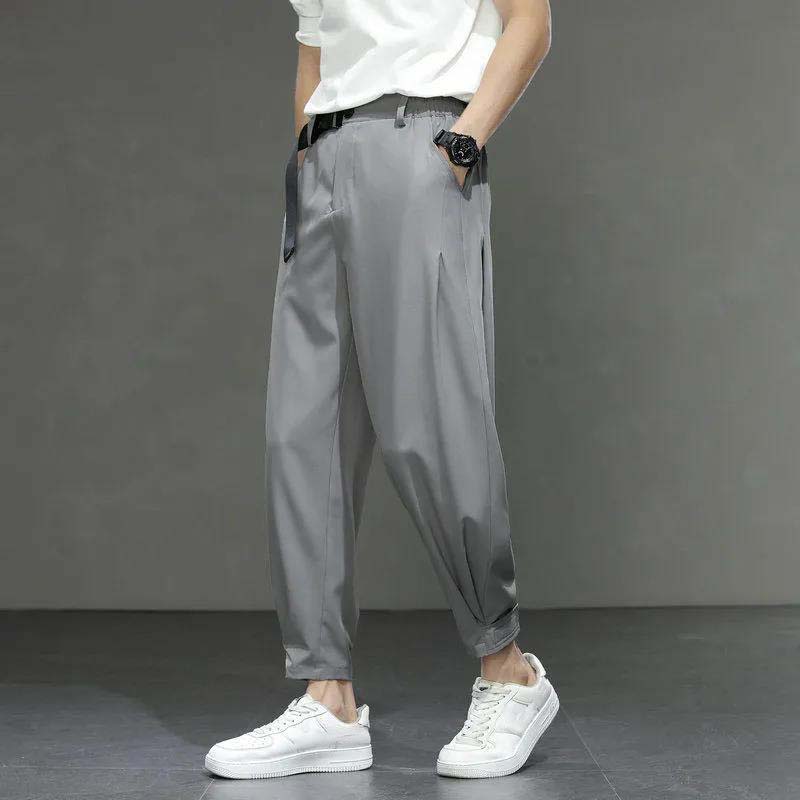Ice Silk Pants Men's Loose Summer Thin Waisted Casual Pants Drape Stretch Men's Nine-point Small Suit Pants