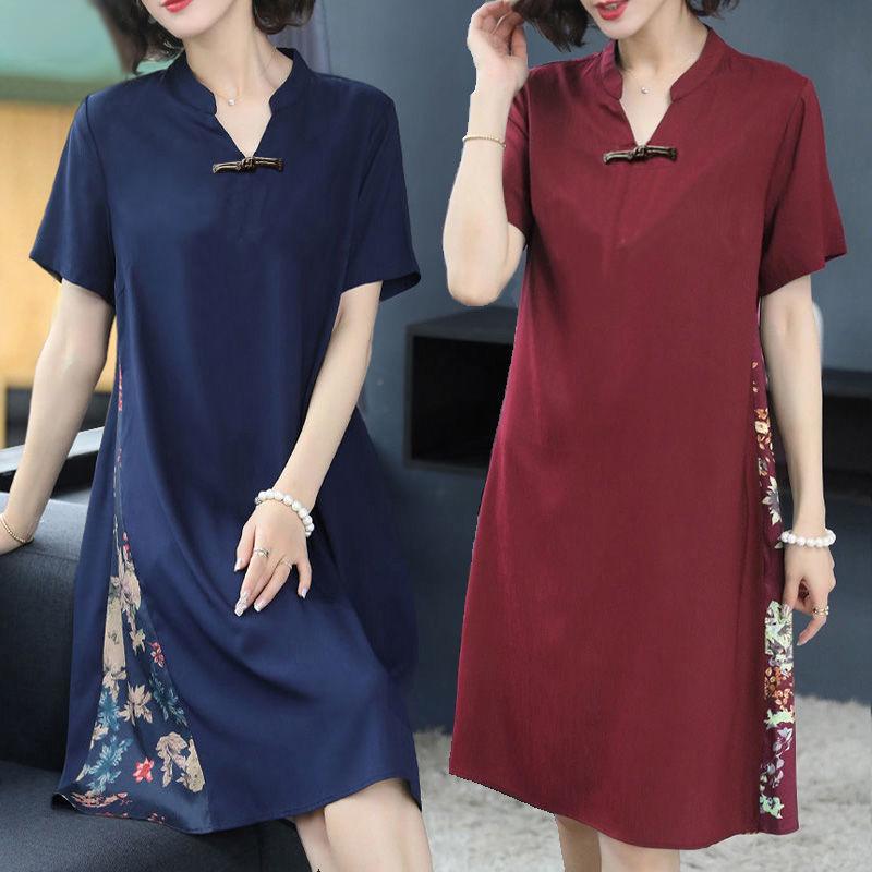 Summer Women's Dress Loose Large Size Retro Printed Skirt Simple Thin Short-sleeved V-neck Over-the-knee Skirt