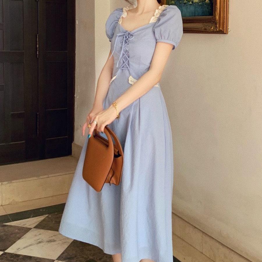 Female Simple Slim Elegant Shoulder Covering French Gentle Romantic Summer Solid Color Long Dress