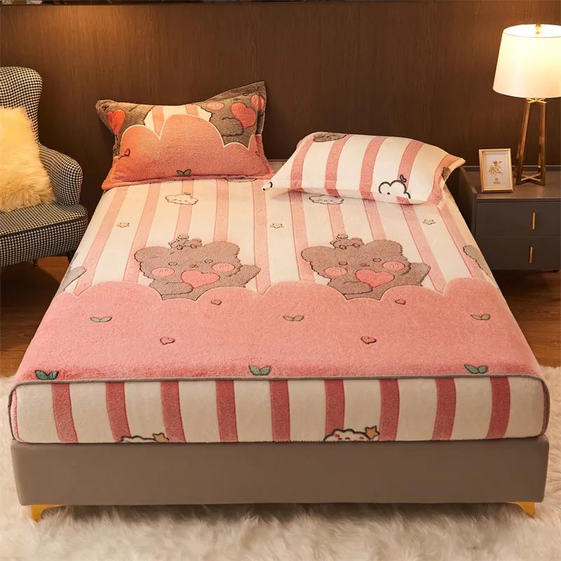 Thick Coral Fleece Bed Sheet Three-piece Bed Cover Pillowcase Plus Fleece Bed Set