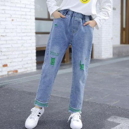 Girl Boy Loose Jeans Spring and Autumn Wear Korean Style Hole Children's Medium Children's Color Jeans Pants