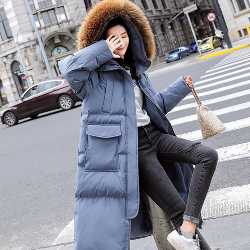 Women's Solid Color Hooded Down Jacket  Long Korean Loose Thick Coat Warm Cotton Coat  Large Wool Collar Winter Quilted Coat