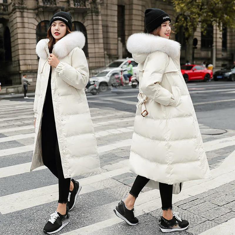 Down Jacket Winter Ladies Fashion Korean Big Fur Collar Thick Warm Hooded Mid-length Plus Size Cotton Jacket