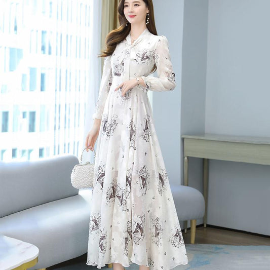Chiffon Jacquard Long-sleeved Dress Spring and Autumn Models Waist Beach Big Swing Bow Long Skirt Women's French Retro Long Skirt Temperament