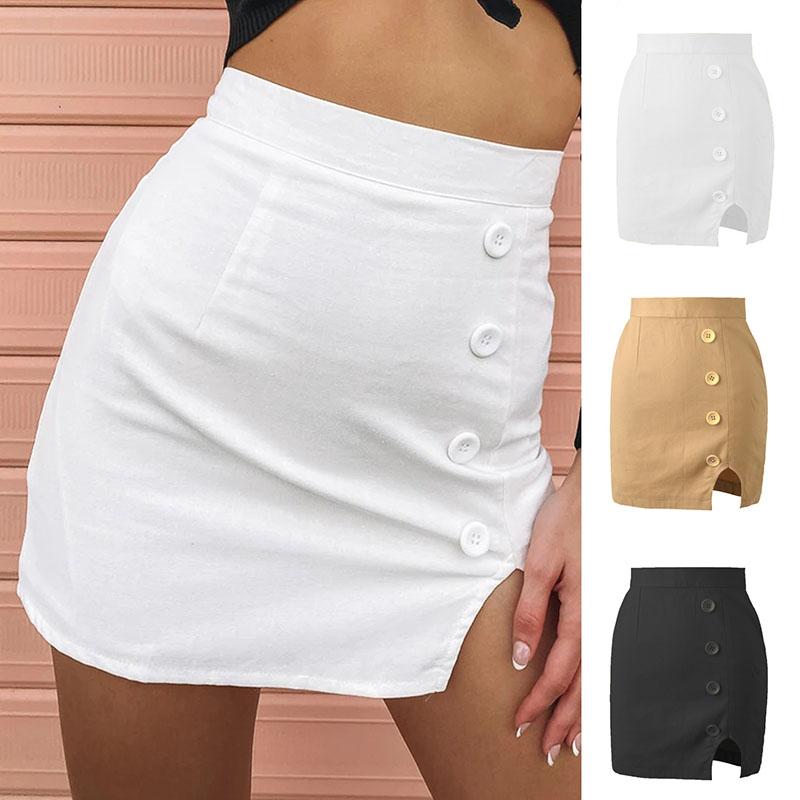 Women's Summer Mini Skirts Large Size Slim A-line Short Skirt High Waist Button Split Skirt Female Solid Color Club Hip Skirts