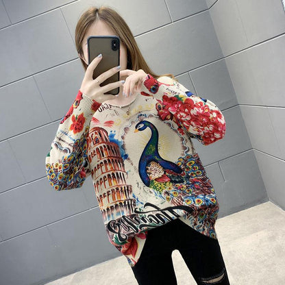Peacock Pattern Pullover Sweater Women Fall/winter Ethnic Style Print Knit Sweater Outer Wear Jumper Tops