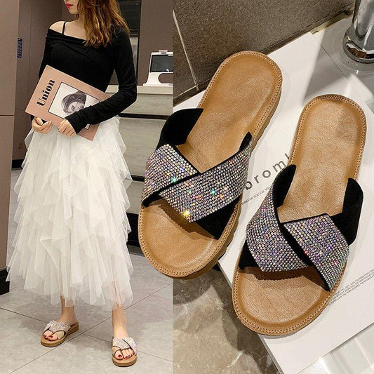 Slippers Women Wear Korean Summer Rhinestone Cross Straps Anti-skid Pregnant Women Flat Bottom Flat Sand Beach Sandals
