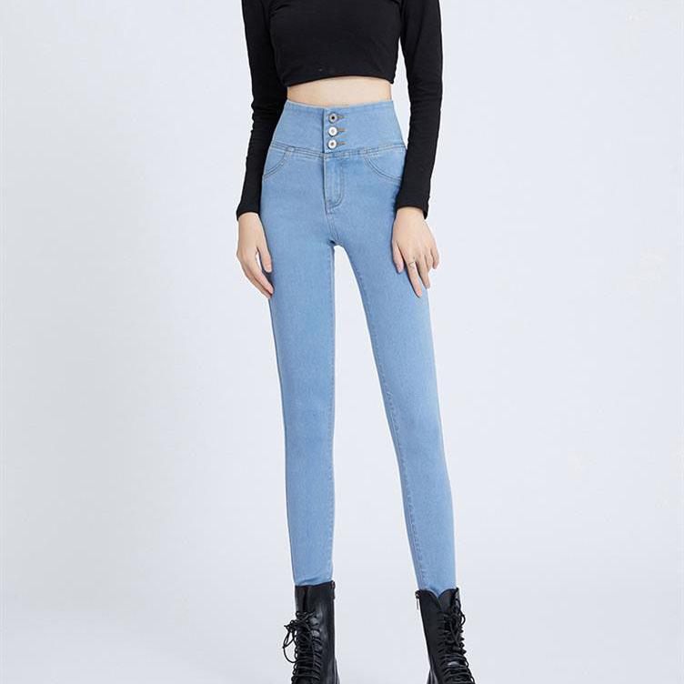 Women Winter and Autumn Large Size Streetwear Long Jeans Slim Solid Color High Waist Elastic Casual Pencil Jeans