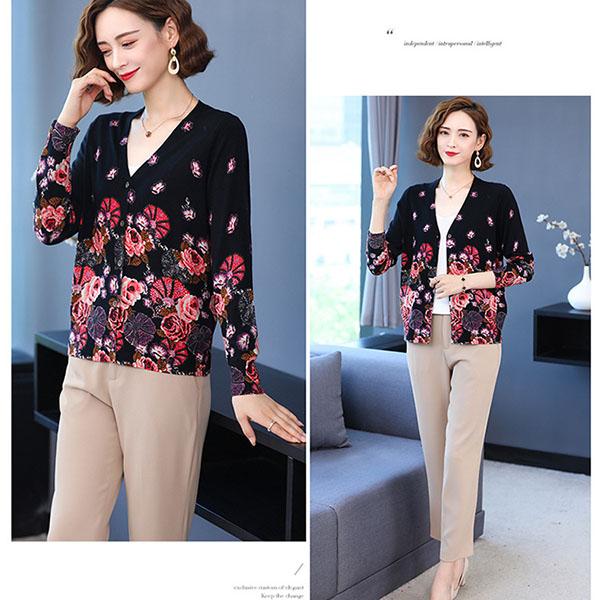 Vintage Print Knit Sweater V-neck Cardigan Sweater Ladies Loose Plus Size Wool Knit Sweater Coat Top