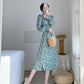 Women's Spring and Summer Bubble Sleeves Over Knee Square Neck Waist Temperament Thin Sexy Split Green Flower Dress