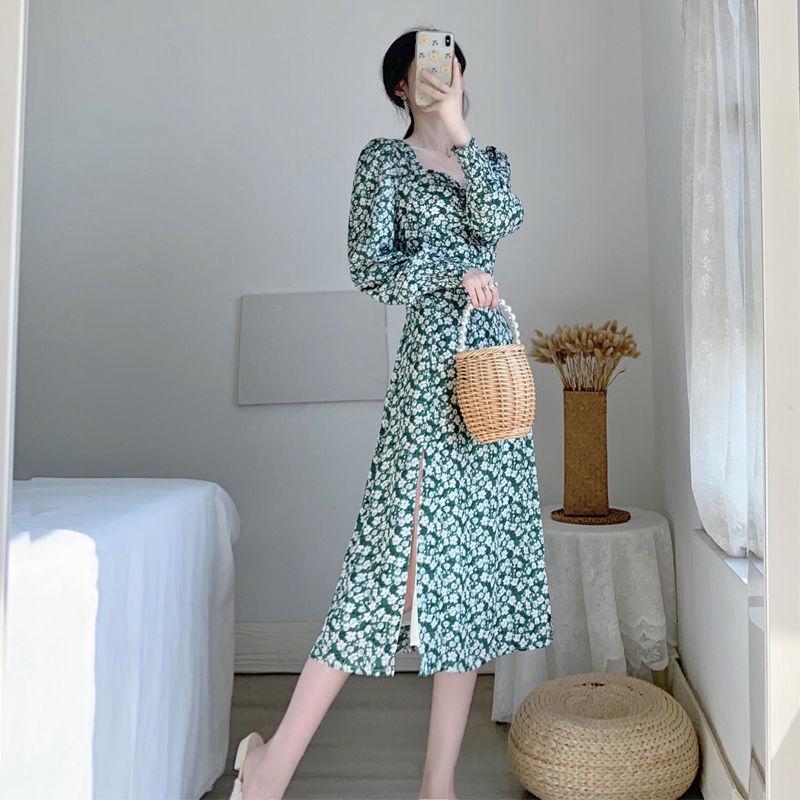 Women's Spring and Summer Bubble Sleeves Over Knee Square Neck Waist Temperament Thin Sexy Split Green Flower Dress