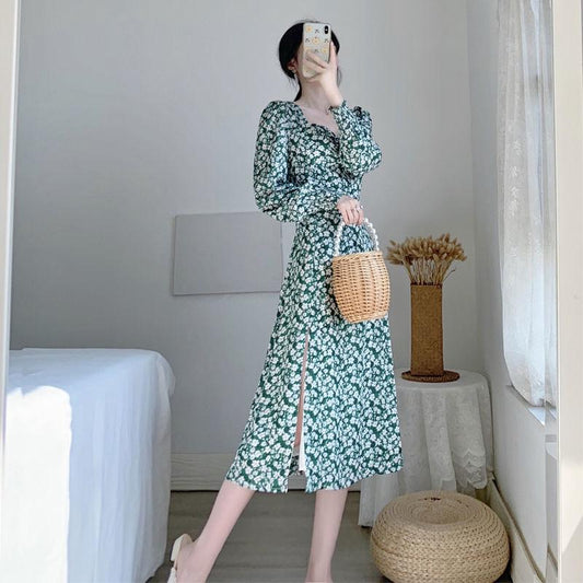 Women's Spring and Summer Bubble Sleeves Over Knee Square Neck Waist Temperament Thin Sexy Split Green Flower Dress