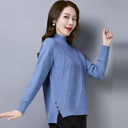 Women Half turtleneck Sweater Pullover Long Sleeve chic female loose Knitted Sweaters with buttons