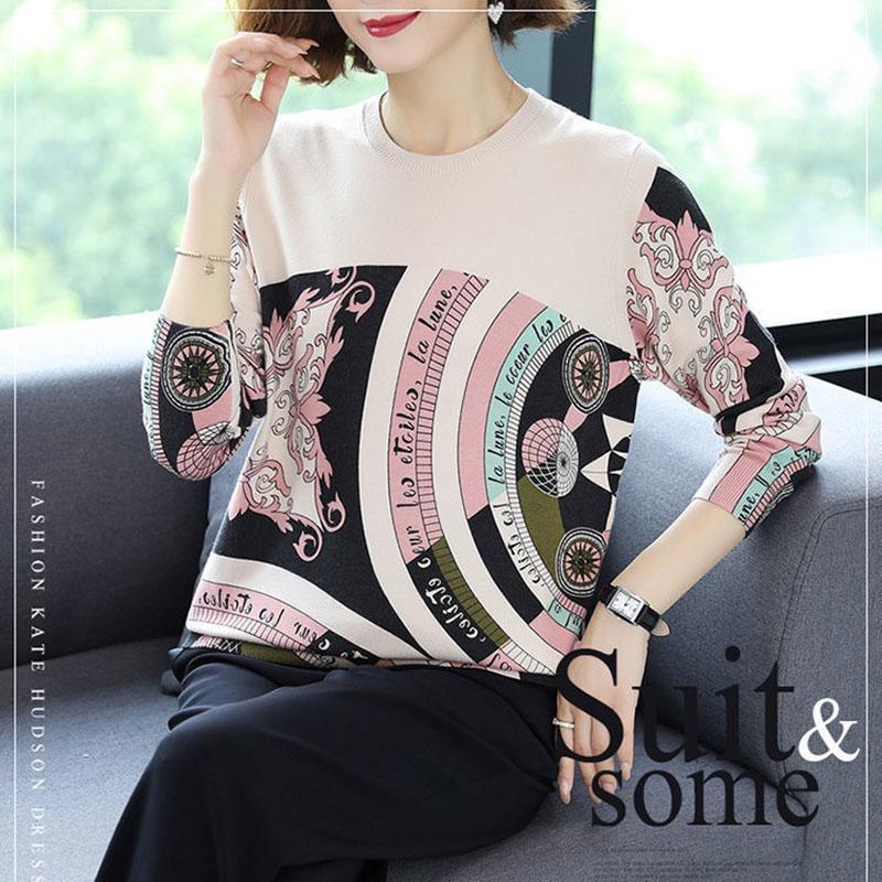 Ethnic Style Plus Size Printed Wool Sweater Ladies Thin Knit Bottoming Sweater O-neck Short Cashmere Sweater Jumper