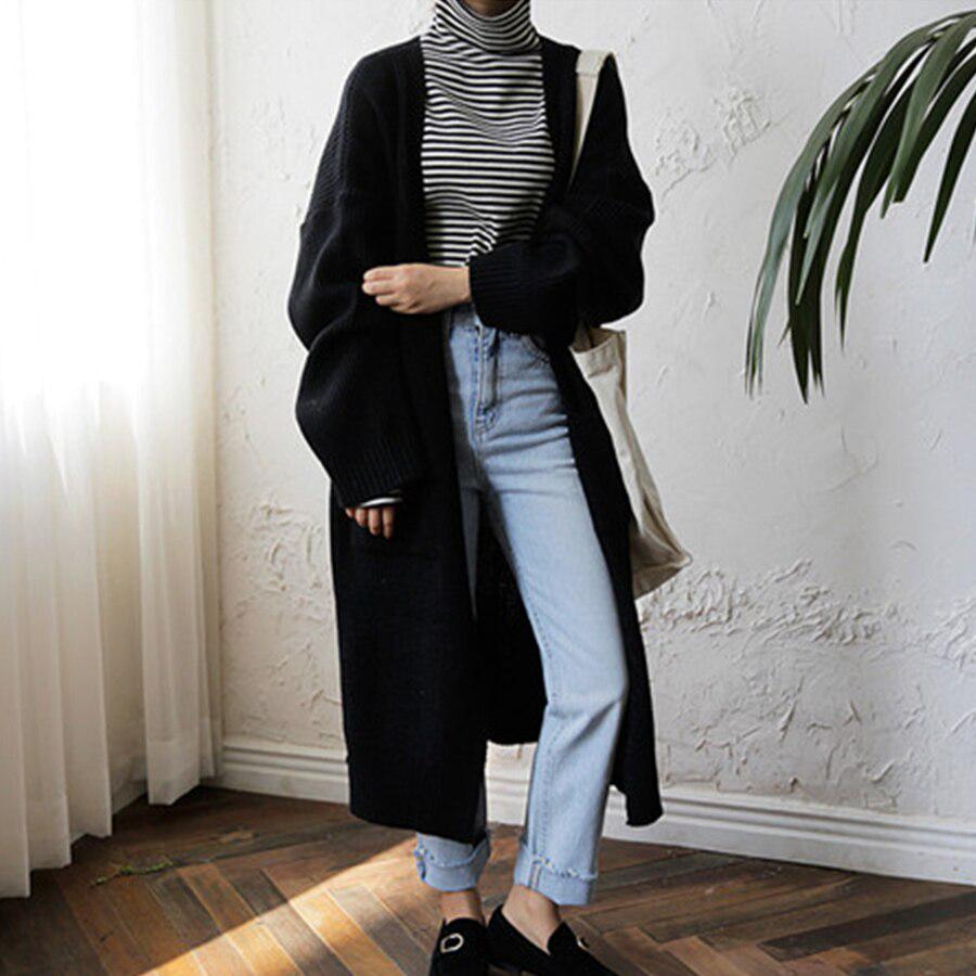 Long Cardigan Women Harajuku Loose Knit Sweater Casual Black Oversized Jacket Coat Outwear
