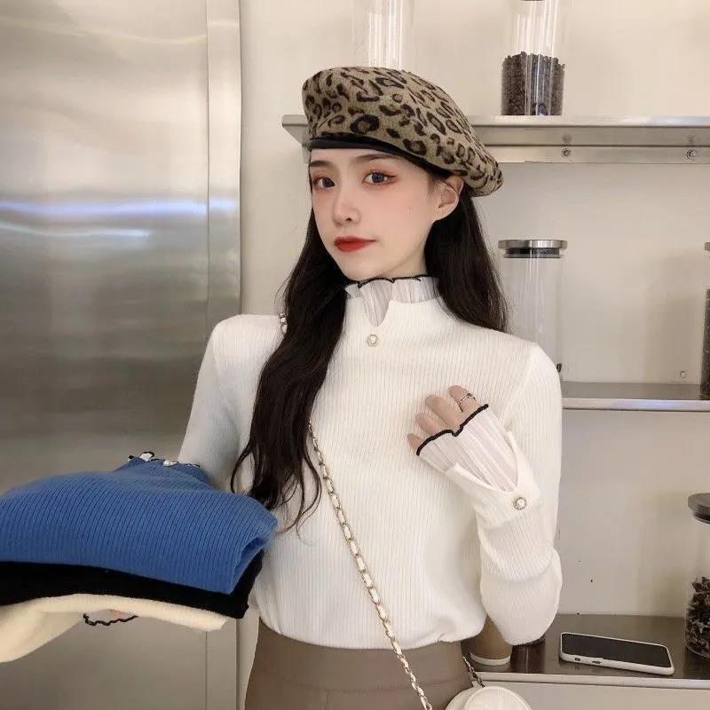 Women's Half Turtleneck Knitwear Design Lace Stitching Fake Two Pieces Long Sleeve Knitwear Fashion Slim Fit Pullover Sweater