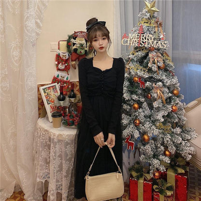 French Dress Korean Style Mid-length Long-sleeved Square Neckline Mesh  Receiving Waist Slim Skirt
