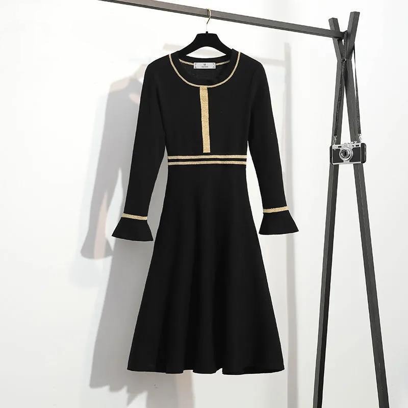 Black Round Neck Dress for Fall/winter 2021 Contrast Color Waist Knit A-line Dress Knitted Base Dress