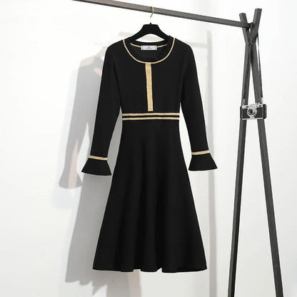 Black Round Neck Dress for Fall/winter 2021 Contrast Color Waist Knit A-line Dress Knitted Base Dress