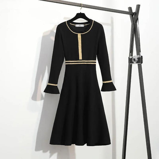 Black Round Neck Dress for Fall/winter 2021 Contrast Color Waist Knit A-line Dress Knitted Base Dress