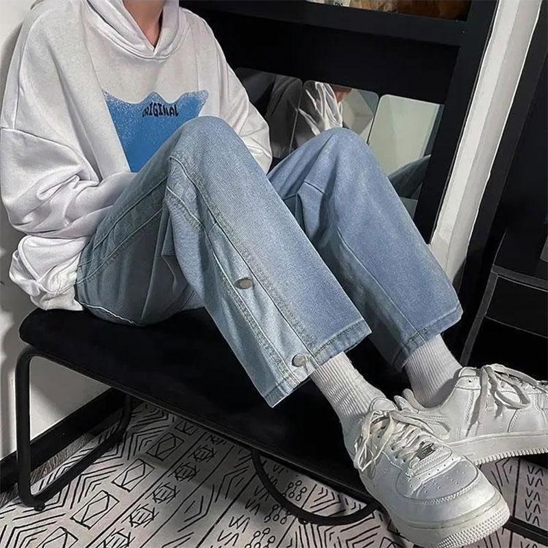 Men's Loose Straight Wide-leg Pants Autumn Ins Plaid Stitching Jeans Pendant Long Pants