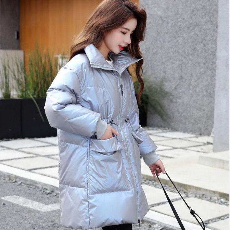 Ladies Down Jacket Winter Thickening Fashion Shiny Stand-up Collar Waist Wash-free Mid-length Cotton Jacket