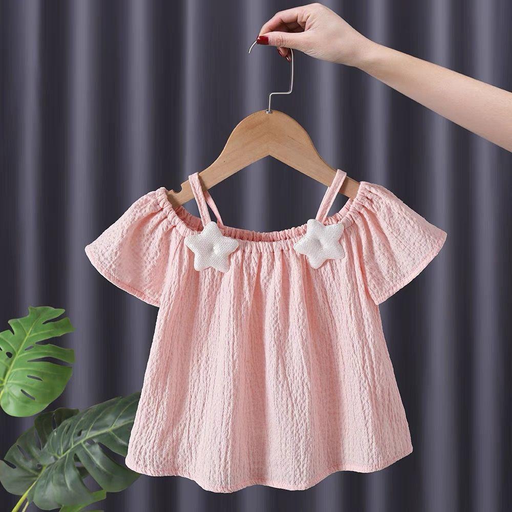 Summer Kids Cute Printing T Shirts Girls Off Shoulder Sling Loose Short Sleeve Star T-Shirt Baby Shirt Solid Color Top