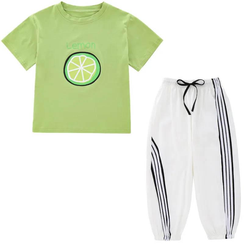 Girls Summer Green Printed Short Sleeves + Low Waist Beam Ninth Pants Loose Casual Simple Style Children's Thin Two-piece Set