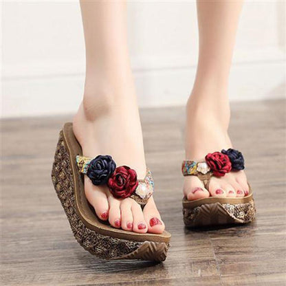 High-heeled Fashion Non-slip Sandals and Slippers Women's Summer Seaside Beach Shoes Thick-soled Holiday Outer Wear Clip-on Flower Flip-flops