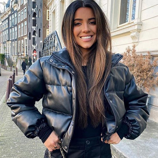 Winter Thick Warm Short Parkas Women Fashion Black PU Leather Coats Women Elegant Zipper Cotton Jackets Female Ladies