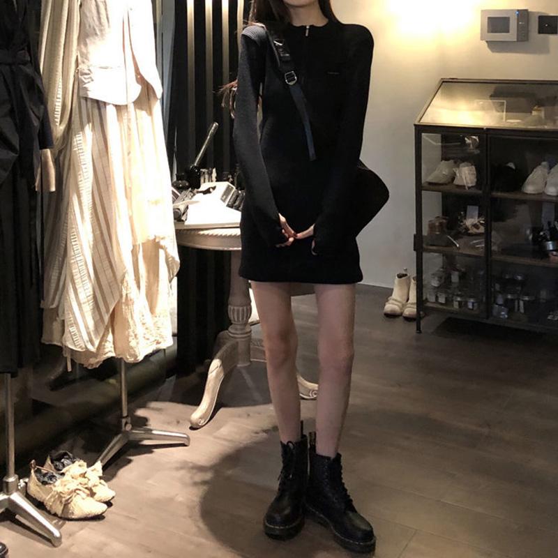 Women's Knitted Dress Spring and Autumn Zipper Long Sleeve Waist Slimming Skirt Hip Skirt Pure Color Cotton Soft and Comfortable