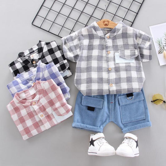 Children's Summer Wear Two Piece Set of Boys' and Girls' Korean Plaid Collar Short Sleeve Shirt and Shorts