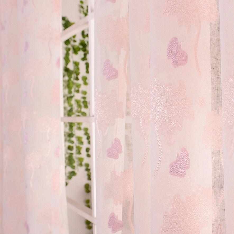 Small Fresh Pink Gauze Curtain Dandelion Butterfly Cotton Linen Gauze Shading Breathable Living Room Bedroom Bay Window Gauze Curtain (150×260cm)