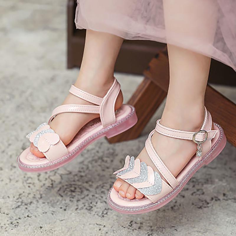 Children's Sandals Girls Princess Shoes Non-slip Soft-soled Beach Shoes Girls Diamonds  Flat Sandals with Ankle Straps