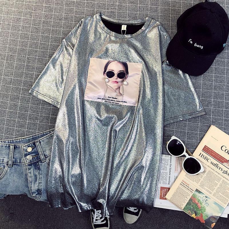 Shiny Women Long T-shirt Dress Girl Loose O-Neck Casual Big Loose Home Comfort Outer Convenient