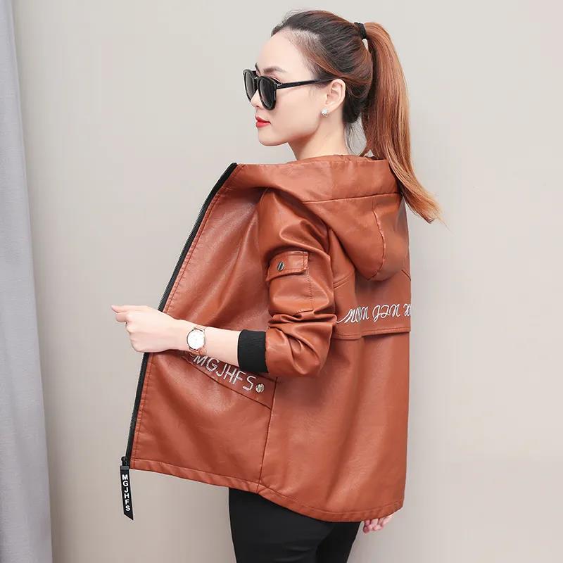 Autumn and Winter Fashion Slim Hooded Leather Ladies Short Jacket Pu Jacket Women's Motorcycle Jacket