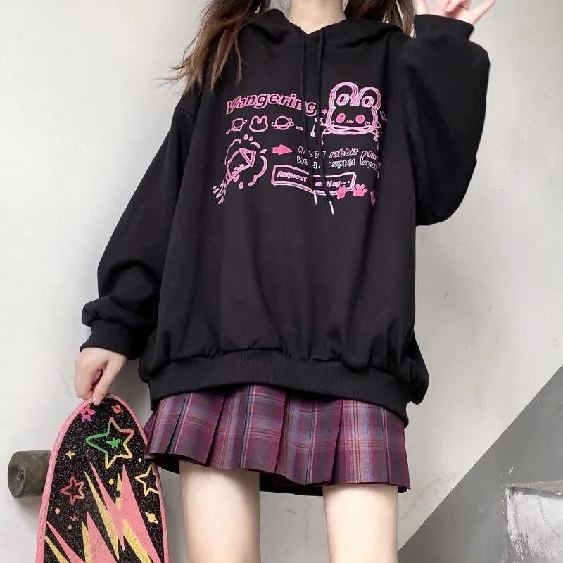 Sweatshirts Anime Hoodies Pink Cartoon Printed Hooded Tops Black Fashion Streetwear Fall Winter Pullover Hoodies Loose Harajuku Hip Hop Sweatshirt
